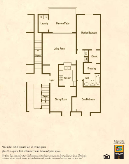 Cedar Plan: 1,156 sq.ft. 1BR+Den, 1 BA